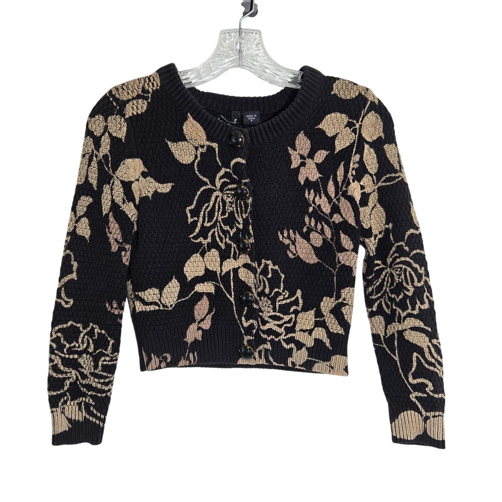 Vtg y2k Charlotte Russe S Women Black Tan Floral Cropped Cardigan Sweater Cotton